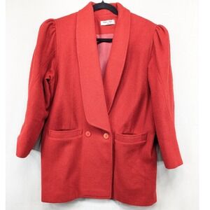 Vintage Red Blazer Puff‎ Shoulder Shawl Collar Double Breasted Pockets